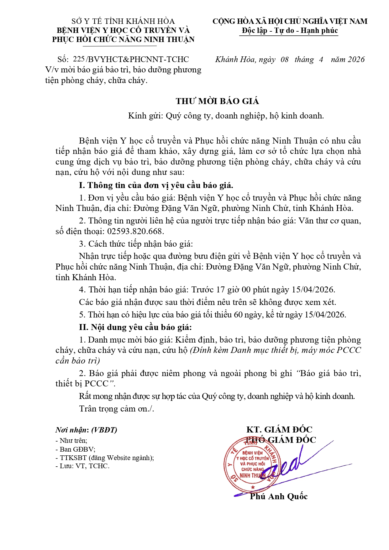 V/v mời báo giá bảo trì, bảo dưỡng phương tiện phòng cháy, chữa cháy.